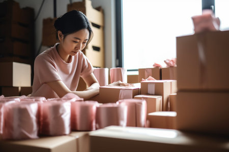 young asian woman packing parcel box in warehouse, online shopping conceptの素材