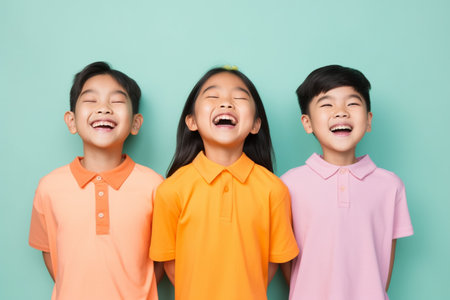 Group of happy asian little kids in orange and yellow t-shirt on blue backgroundの素材