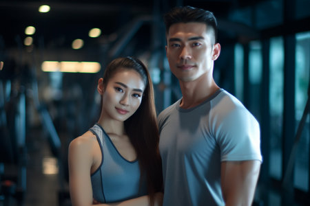 young asian man and woman working out together in the gym.の素材