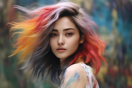 Portrait of a beautiful girl with multi-colored hair in the studioの素材