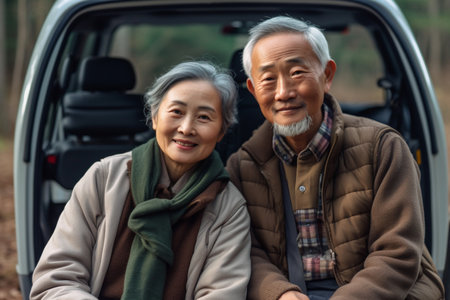 asian senior couple sitting in car, looking at camera and smilingの素材