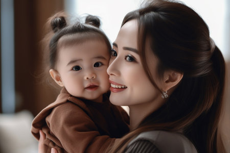 Portrait of happy asian mother and daughter hugging together at homeの素材