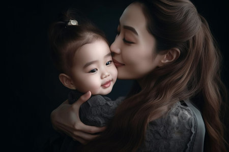 Portrait of beautiful young asian mother with her daughter on black backgroundの素材