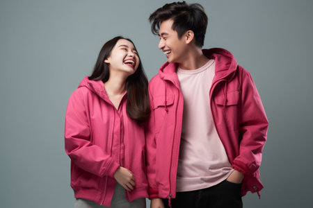 Happy asian couple in pink winter jackets, isolated on gray backgroundの素材