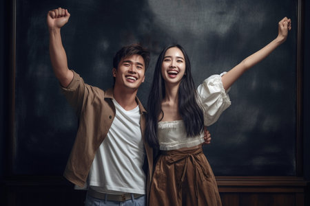 Happy asian couple standing in front of blackboard and smiling.の素材