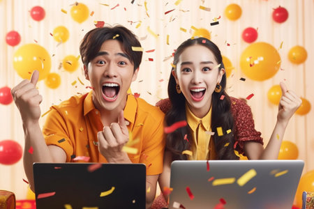 Happy asian young couple celebrating with confetti and laptop computer at homeの素材