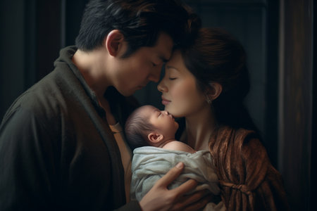 Happy asian family. Mother, father and their newborn baby.の素材
