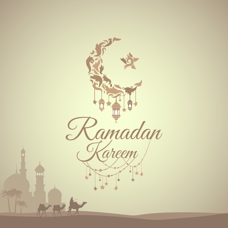 Illustration of Ramadan Kareem with month, a mosque and a caravan of camels for the celebration of Muslim community festival. Free hand write with a modern lantern and stars specially for Ramadan.のイラスト素材