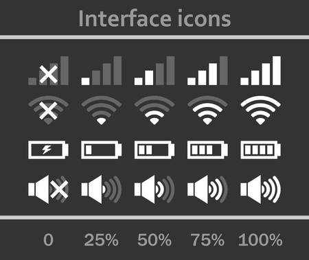 Interface icons set. Status signal battery icon set vector. White and gray colors. Rounded corners. Phone set graphic.のイラスト素材