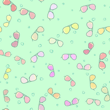 Sunglasses and hearts  on seamless background for summer design. Summer pattern background. Vacation poster. Vector colorful glasses frame seamless pattern background.のイラスト素材