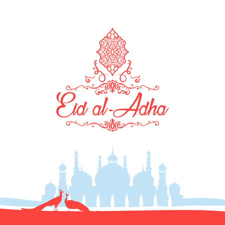 Arabic Islamic Calligraphy Text eid al adha with floral design. the mosque and peacocks on background for Muslim Community, Festival of Sacrifice Celebration.のイラスト素材