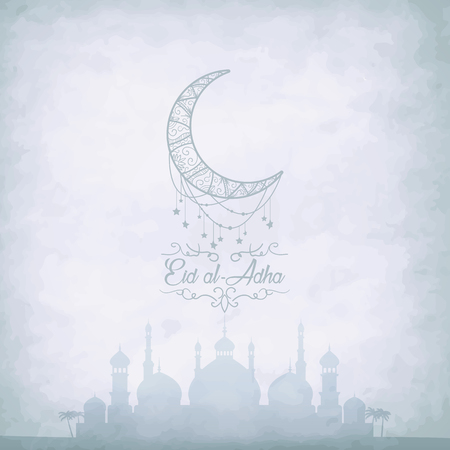 Arabic Islamic calligraphy of text Eid-Ul-Adha with mosque silhouette on beige background.のイラスト素材