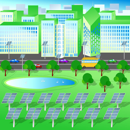 green city, trees lake, renewable energy, solar panelsのイラスト素材