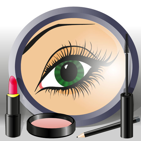 female eye in a mirror with a pencil, lipstick, mascara and powder boxのイラスト素材