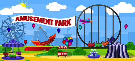Amusement park landscape concept. Cartoon illustration of amusement parkのイラスト素材