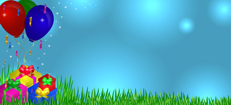 Gifts on grass with balloons in the skyのイラスト素材
