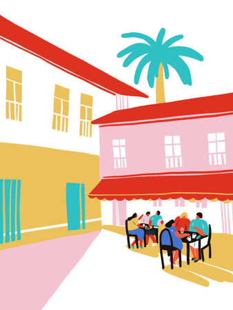 Cityscape with building, palm, hotel buildings. People walking on town street. Downtown urban area with commercial and residential architecture. illustration in flat cartoon style. travel poster.の写真素材