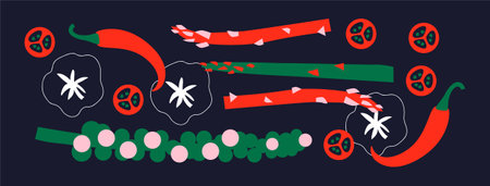 Abstract appetizing Vegetables collection. Decorative abstract horizontal banner with colorful doodles. Hand-drawn modern illustrations with Vegetables, abstract elements.のイラスト素材