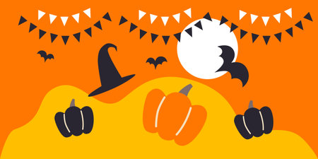 Halloween vector illustration. House, pumpkin, bats and autumn landscape on background. Stylized autumn forest and mysterious house on backgroundのイラスト素材