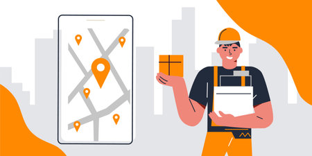 Company courier hold box with products, food, electronics. Order online delivery for commercial and private interests. Vector illustration in cartoon styleのイラスト素材