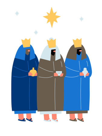 Christian nativity scene. Collection of traditional christian holy night characters. Vector illustration of sacred elements for holiday cards. Bethlehem and Star above.のイラスト素材