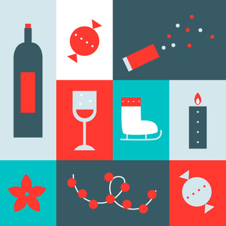 Merry Christmas vector flat icons. Set for covers, invitations, posters, banners, flyers, illustration. Minimal template design for branding, advertising with winter Christmas compのイラスト素材