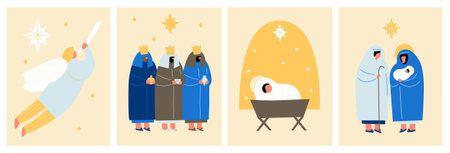Christmas Christian Nativity scene of baby Jesus in a manger. Postcard in modern flat abstract style. Bethlehem city and Christmas star.のイラスト素材
