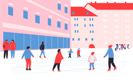 Panorama of winter landscape with leisure people vector illustration. Happy cartoon characters enjoy outdoor activity. Man, woman and children ice skating at city park.のイラスト素材