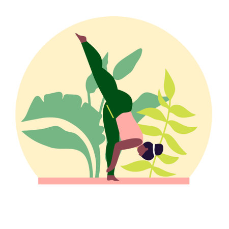 Woman exercising yoga vector illustration. Yogis in poses, woman practicing asana texture. Relaxing environment.のイラスト素材