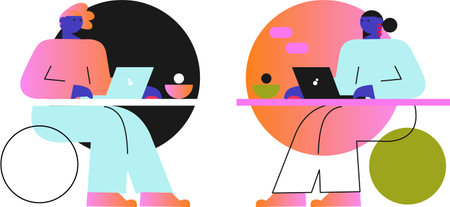 Concept of social networks, virtual relationships. New generation. Friends chatting and texting. Vector flat illustration.のイラスト素材