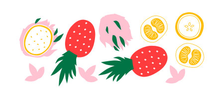 Fruits and vegetables abstract vector. Banner with vegetables, berries and fruits for social media, advertising, logo or menu.のイラスト素材