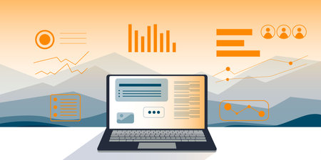 Laptop with infographics on the screen. Vector illustration in flat styleのイラスト素材
