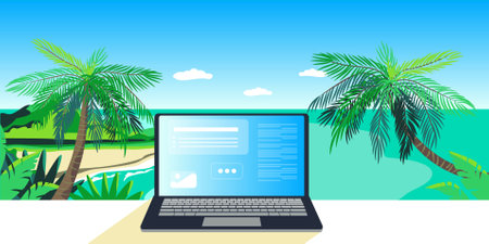 Laptop on the beach with palm trees and blue sky. Vector illustrationのイラスト素材