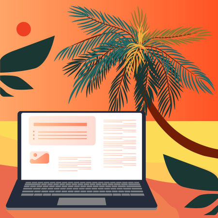 Laptop and palm tree on the background of the sea, vector illustrationのイラスト素材