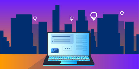 Laptop with document on the background of the city. Flat vector illustration.のイラスト素材