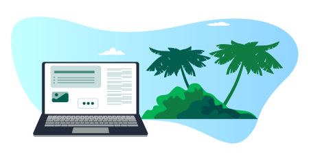 Laptop on a island with palm trees. Flat style vector illustration.のイラスト素材