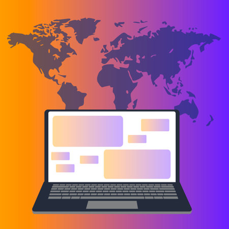 Laptop computer with blank screen and world map on background. Vector illustration.のイラスト素材