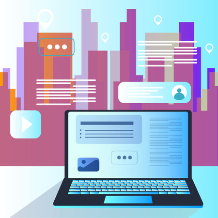 Laptop with social media icons. Vector illustration in flat style.のイラスト素材