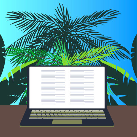 Laptop and palm trees on a blue background. Vector illustration.のイラスト素材