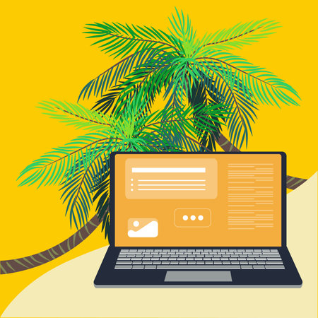 Laptop with palm tree on the yellow background. Vector illustration.のイラスト素材