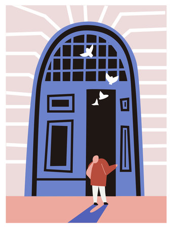 Vector illustration of a woman walking in front of a door with pigeonsのイラスト素材