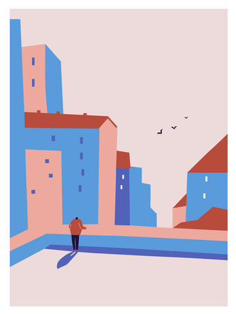 cityscape scene with buildings and man in the street vector illustration designのイラスト素材