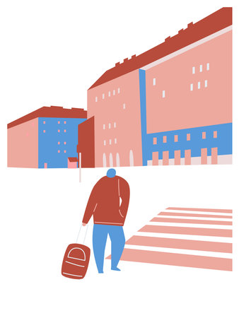 Vector illustration of a man walking with a bag in the city.のイラスト素材
