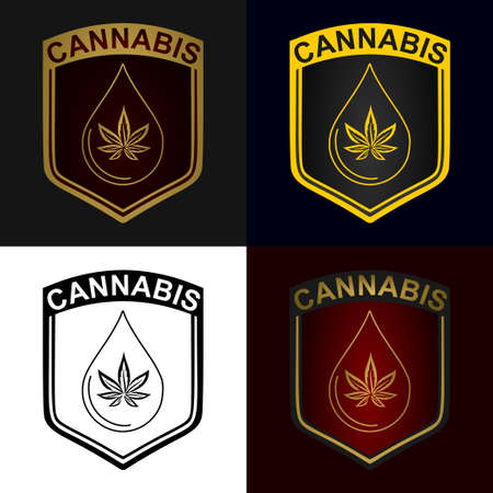 cannabis marijuana cbd cannabidiol thc logo with shield vector designのイラスト素材