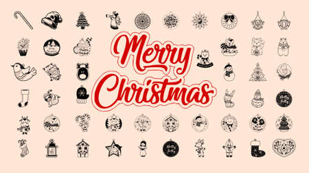 Set of Christmas doodles - Santa, deer, snowman, dog and bunny, objects, decorations, vector illustration isolated on white background. Collection of Chrismas doodles - characters, presents, objectsのイラスト素材