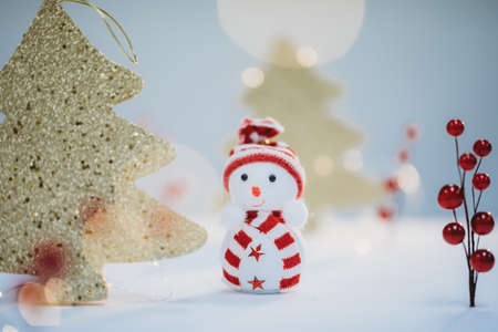 Christmas postcard with a funny snowman and christmas treesの写真素材