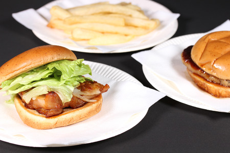 Hamburger and chicken burger and potatoes friesの写真素材