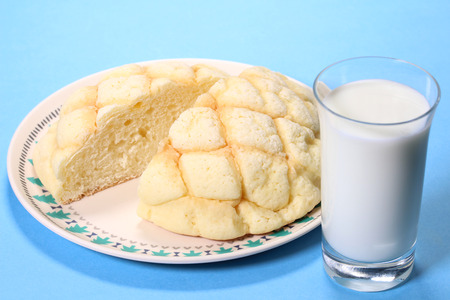 Melon pan Bread and glass of milk