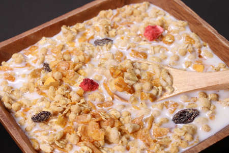 Healthy breakfast, fruit granola with milk