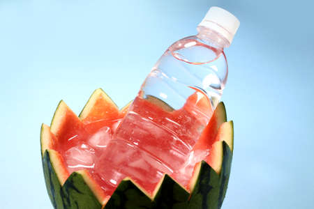 Cold water in a plastic bottle in watermelon bowlの写真素材